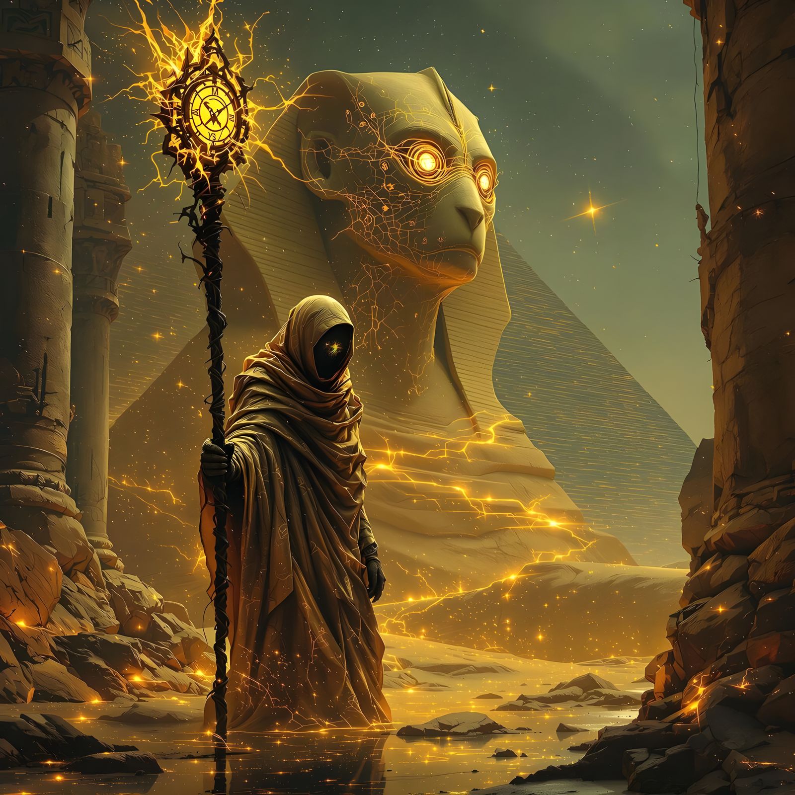 Hyperreal Prophet in Iridescent Silks with Fractured Gold Li...