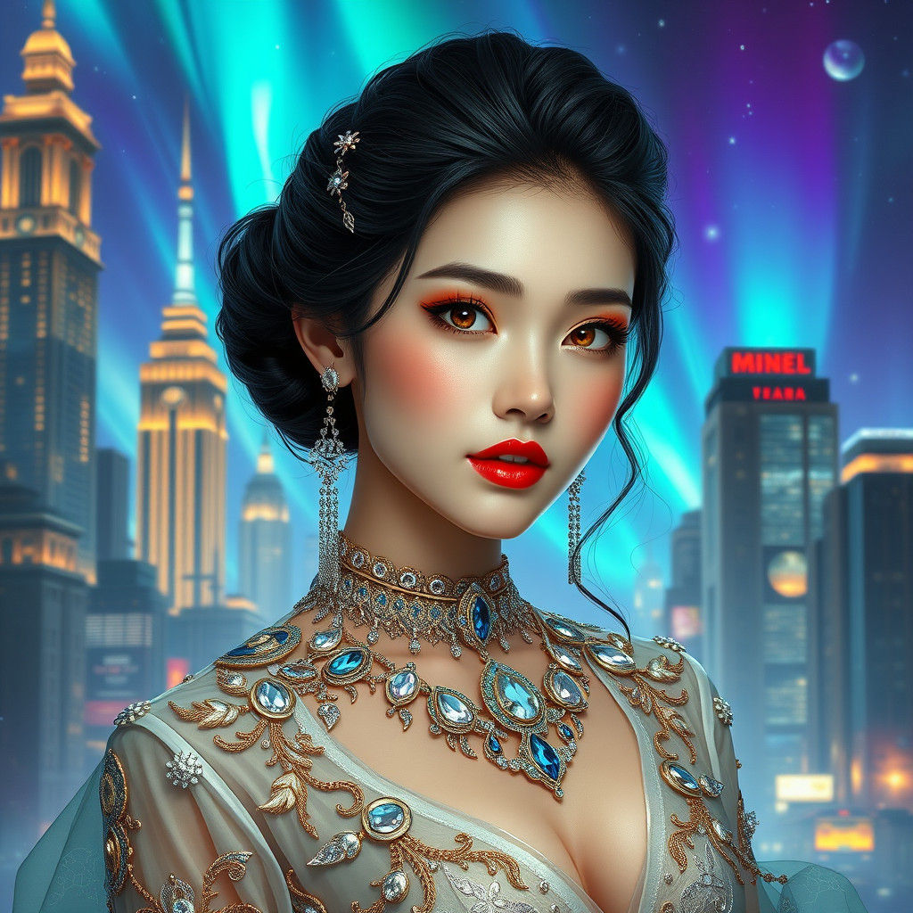 Beauty Idol Amidst Aurora Borealis and Skyscrapers