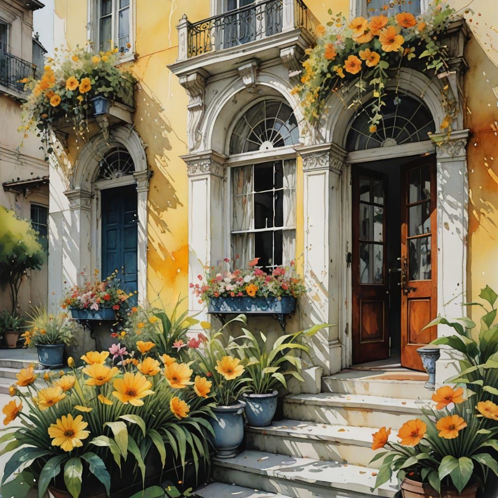 Surreal Oasis with Vibrant Blooms in Watercolor Style