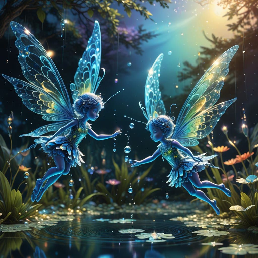 Blue Fairies Playing Over Pond in Fantasy Art
