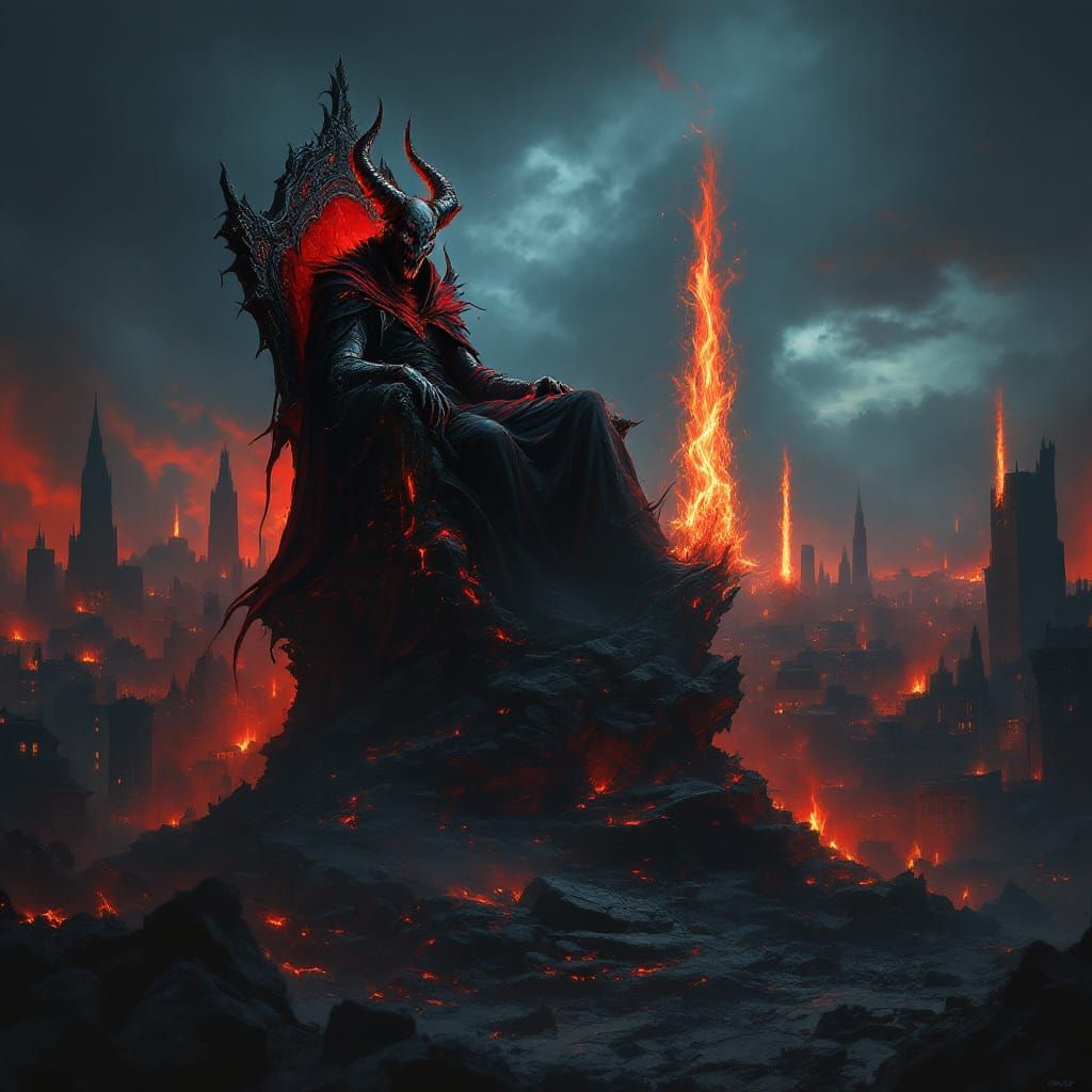 Satan Enthroned in a Ruined Cityscape