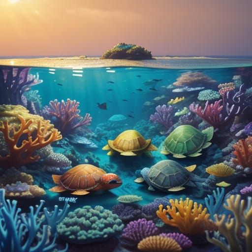Vibrant Turtles Swimming in a Glowing Sea