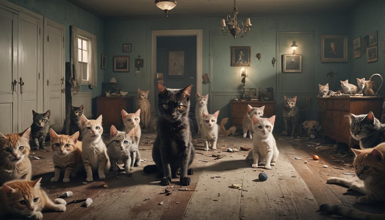 A cat room in a house with skinwalker cats and kittens infest. Their glowing eyes and awkward subhuman facial structures...