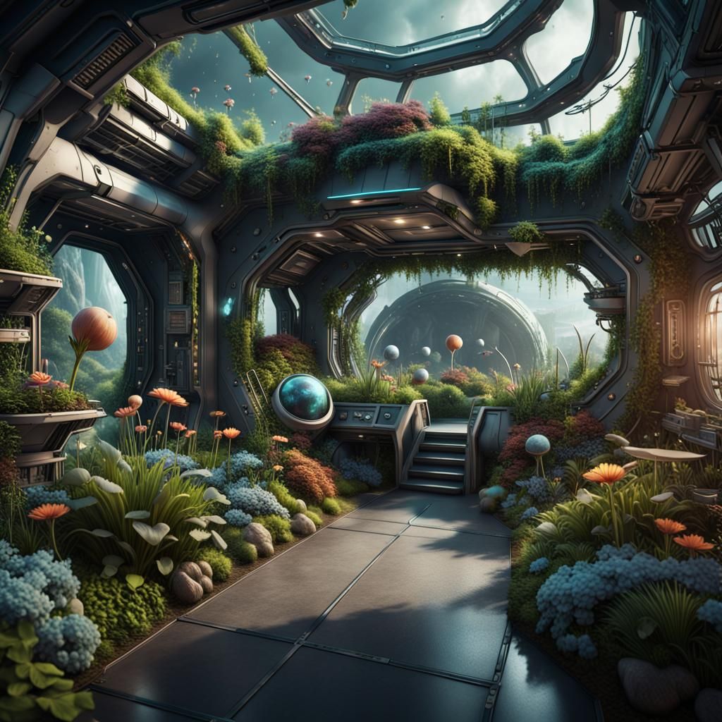 Eco-Garden Oasis Thrives on Spaceship: Fantasy Concept Art