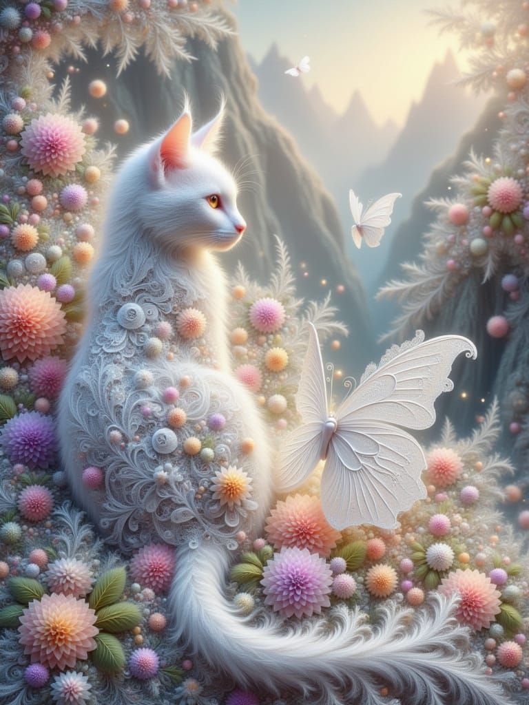 Dreamy Fractal Landscape with Pastel-Colored Butterflies and...