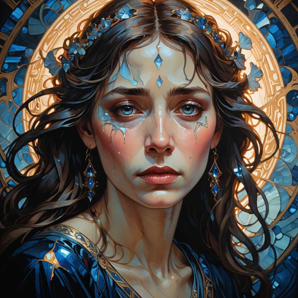 Crying Woman Portrait in Art Nouveau Style