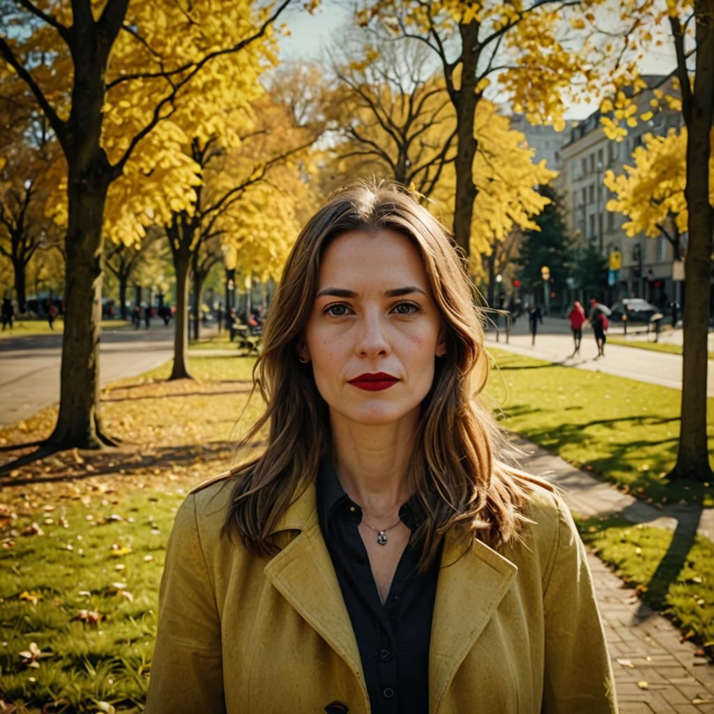 German Woman in City Park: Hyperrealistic Portrait