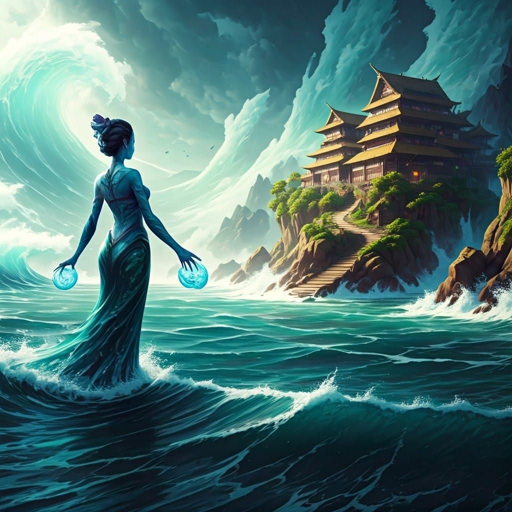 Water Genasi Defends Village: Fantasy Concept Art