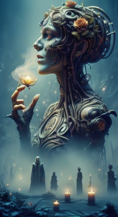 Woman of Flowers and Gears in 70s Horror Aesthetic