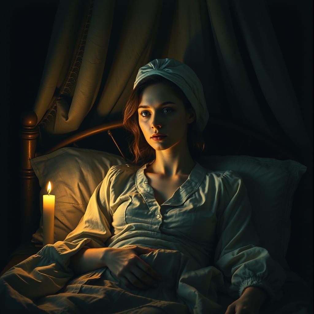 Nightmare Awakening: Woman in Gothic Bedroom