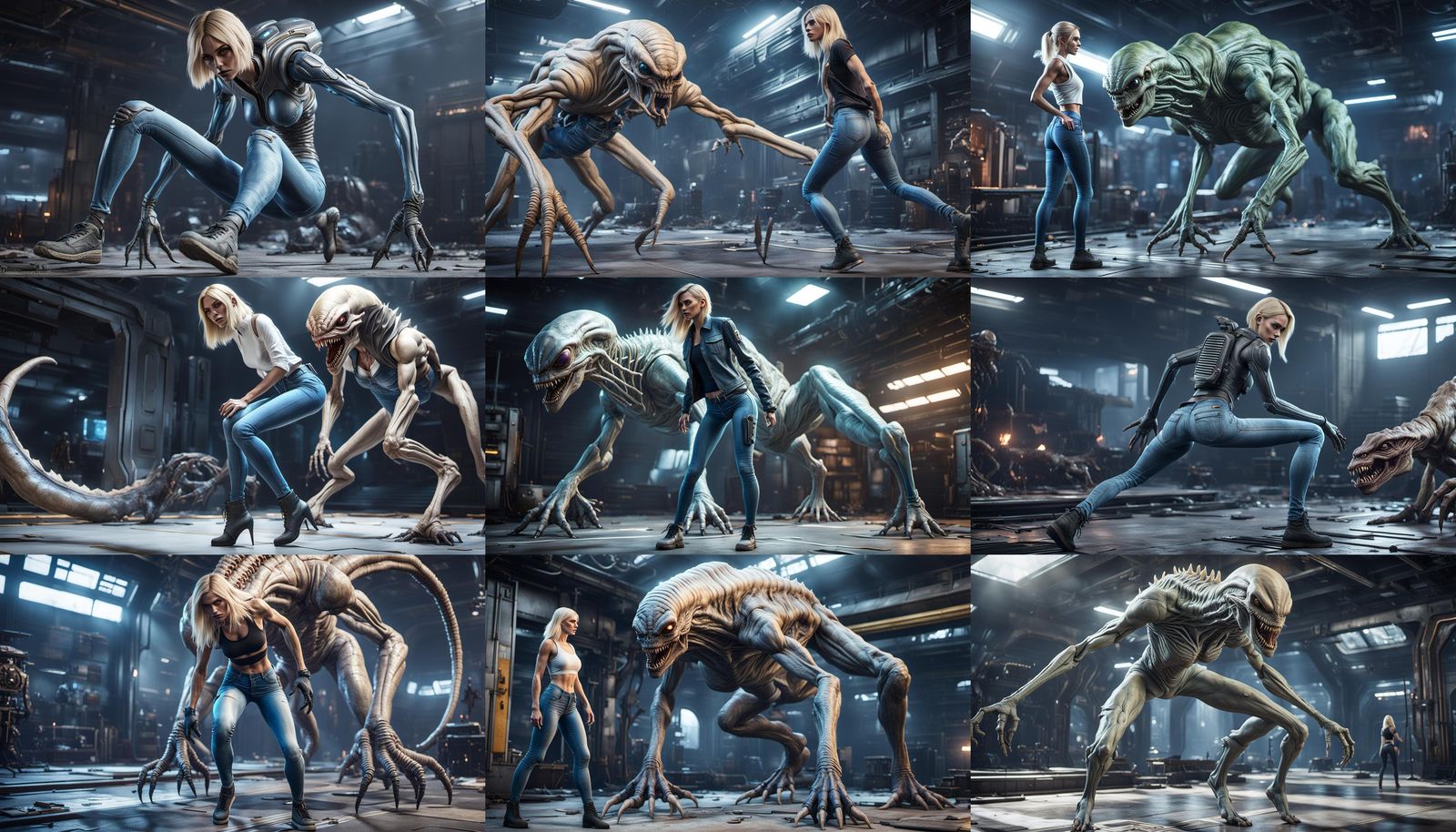 Blonde Woman and Alien Monster in Strange World