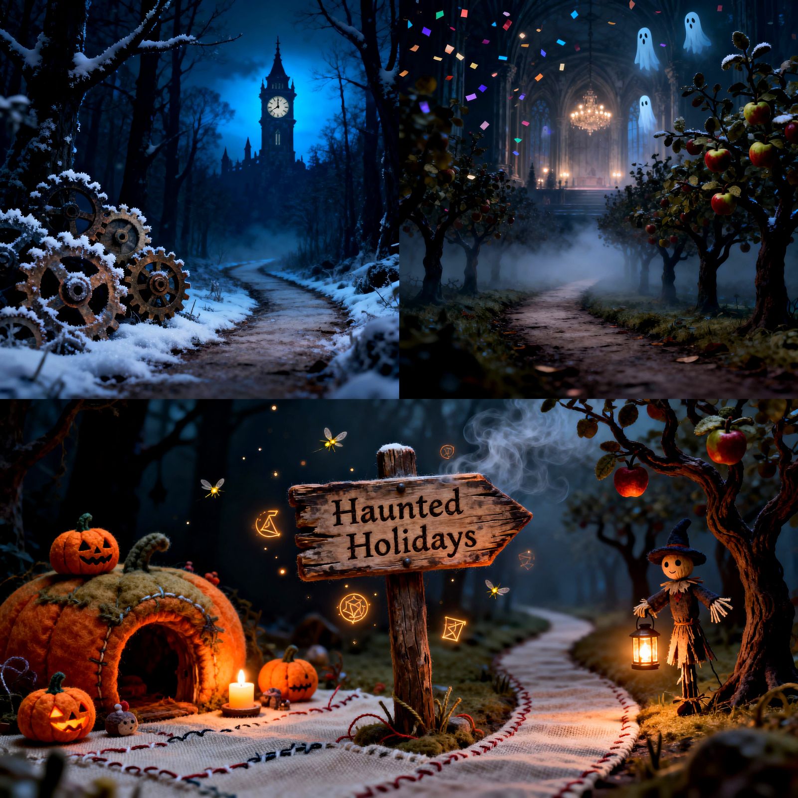 Eerie Crossroads at Night: Dark Whimsical Fantasy