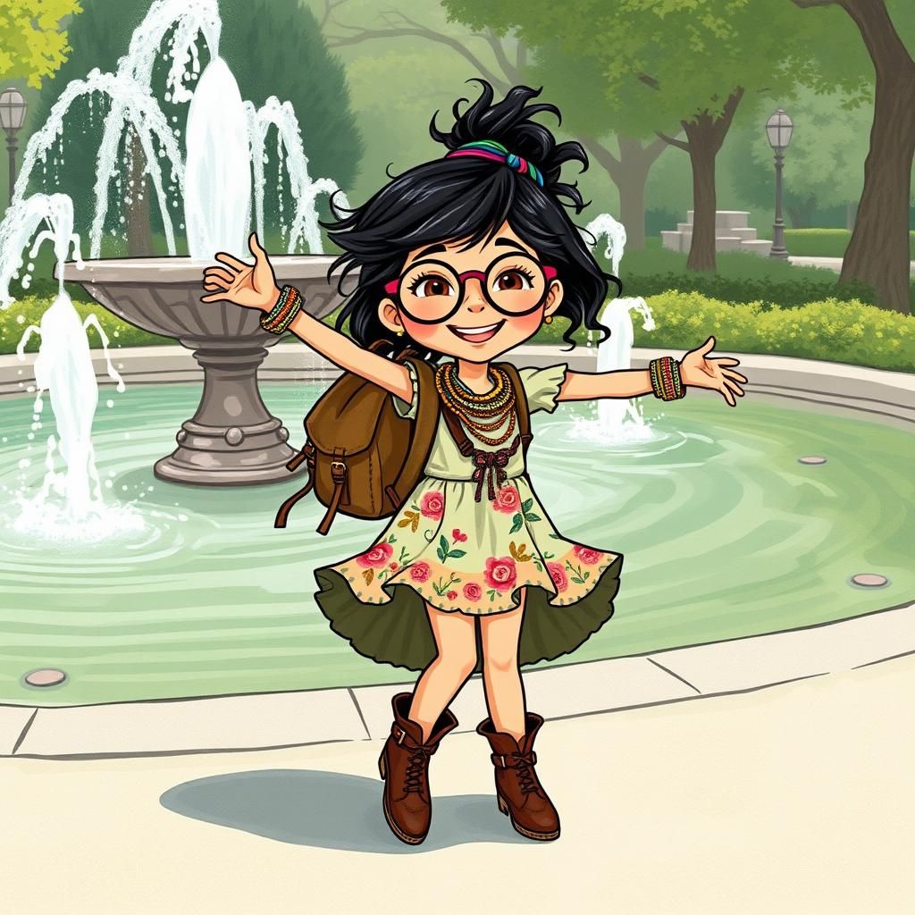 A playful, whimsical cartoon girl with large round glasses, messy hair adorned with colorful hair ties, dances joyfully ...