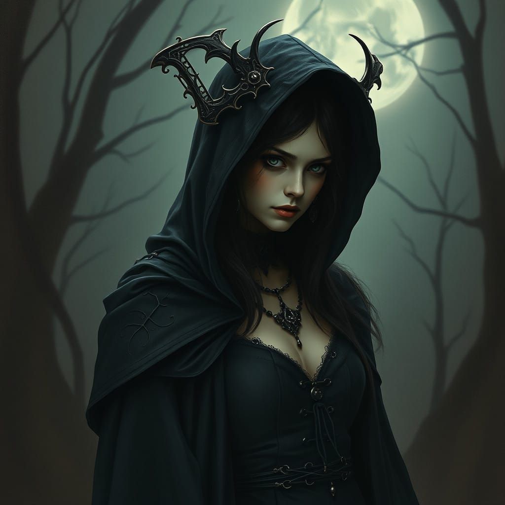 Enigmatic Dark Fantasy Woman in Ethereal Moonlit Ambiance