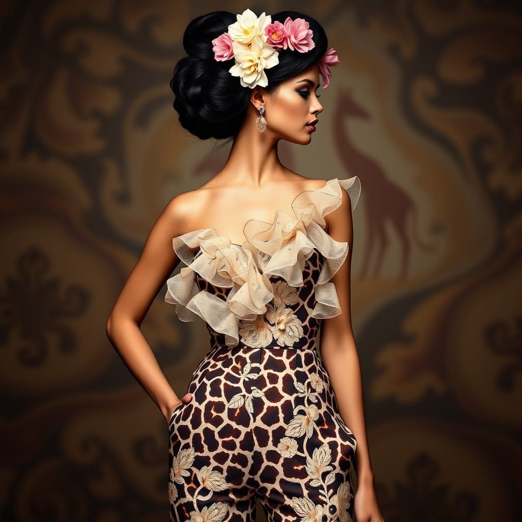 Haute Couture Model in Animal Print Jumpsuit