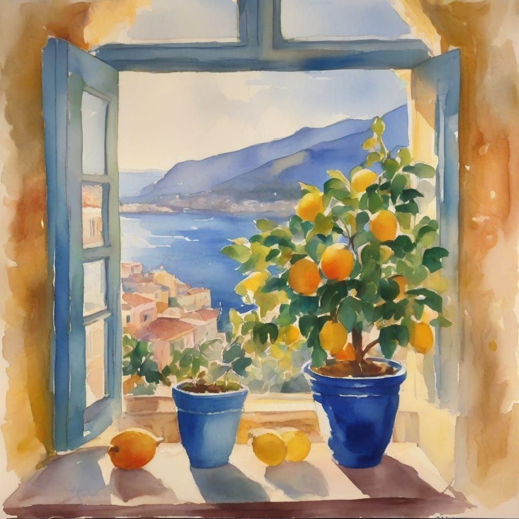 Mediterranean View with Lemon Tree in Fauvist Style