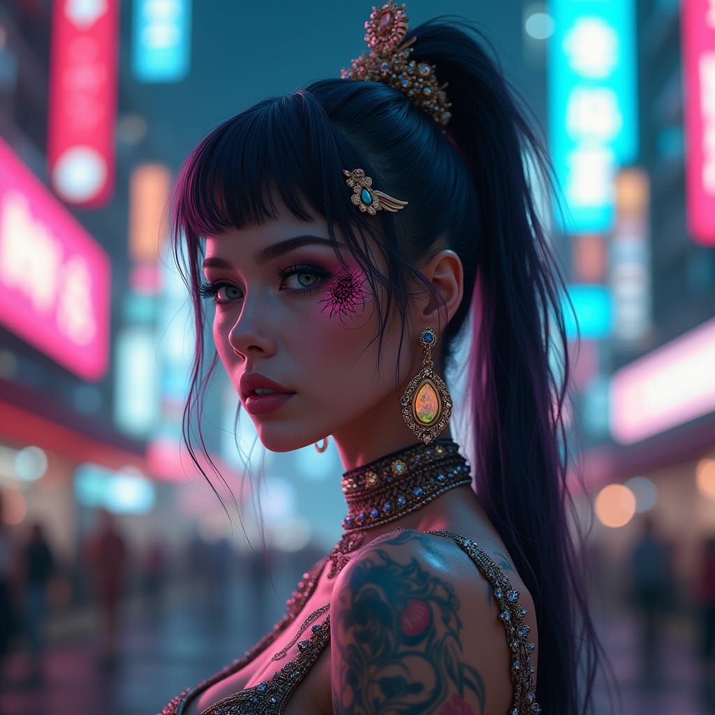 A hyperrealistic portrait of a beautiful woman with intricate, glowing tattoos