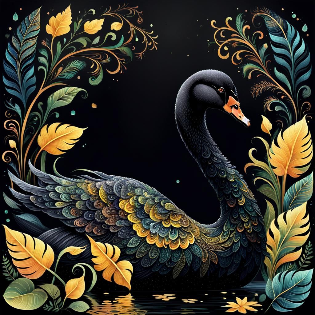 Mystical Black Swan Illustration with Floral Motifs