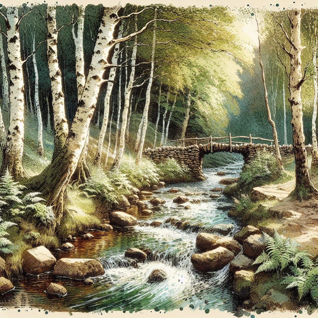 Victorian Watercolour Painting of Stream in Birch Wood