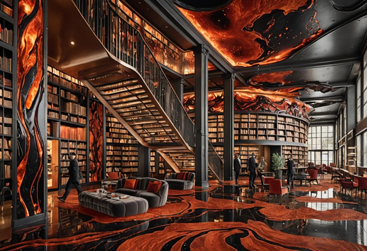 Lava Nouveau Library with Flowing Molten Aesthetic