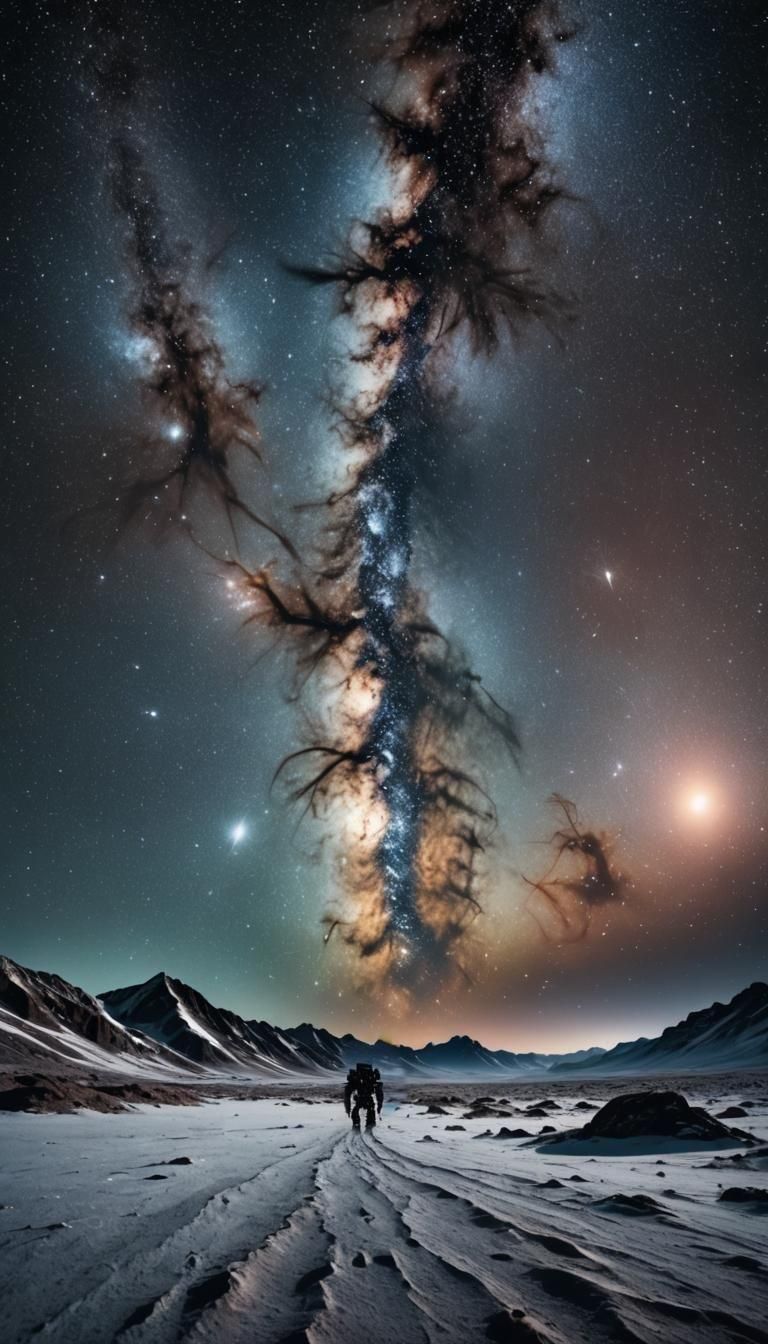 Distant Mech Walking Towards the Horizon