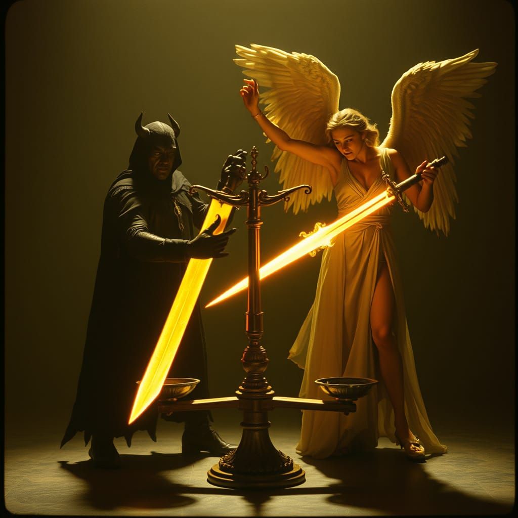 The Devil and Angel Weigh Fate on Scales with Fiery Sword