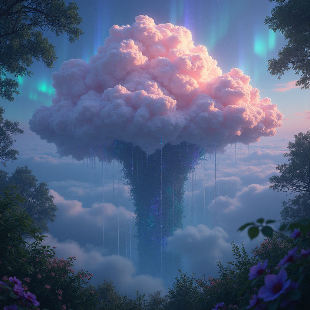 Ethereal Cloudscape with Aurora Lights and Iridescent Mist