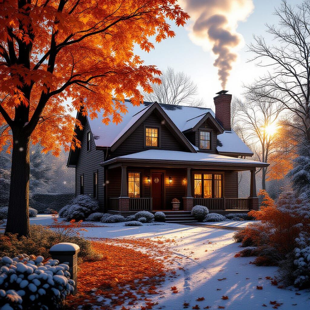 Cozy Autumn Home with Early Snowfall and Golden Hour Light