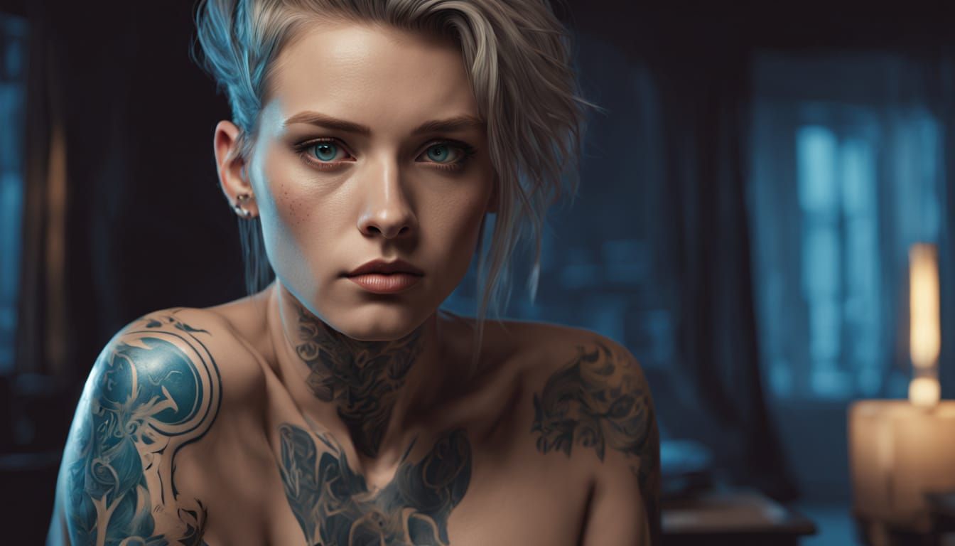 Hyper Realistic Azure Tattoos in Dimly Lit Room