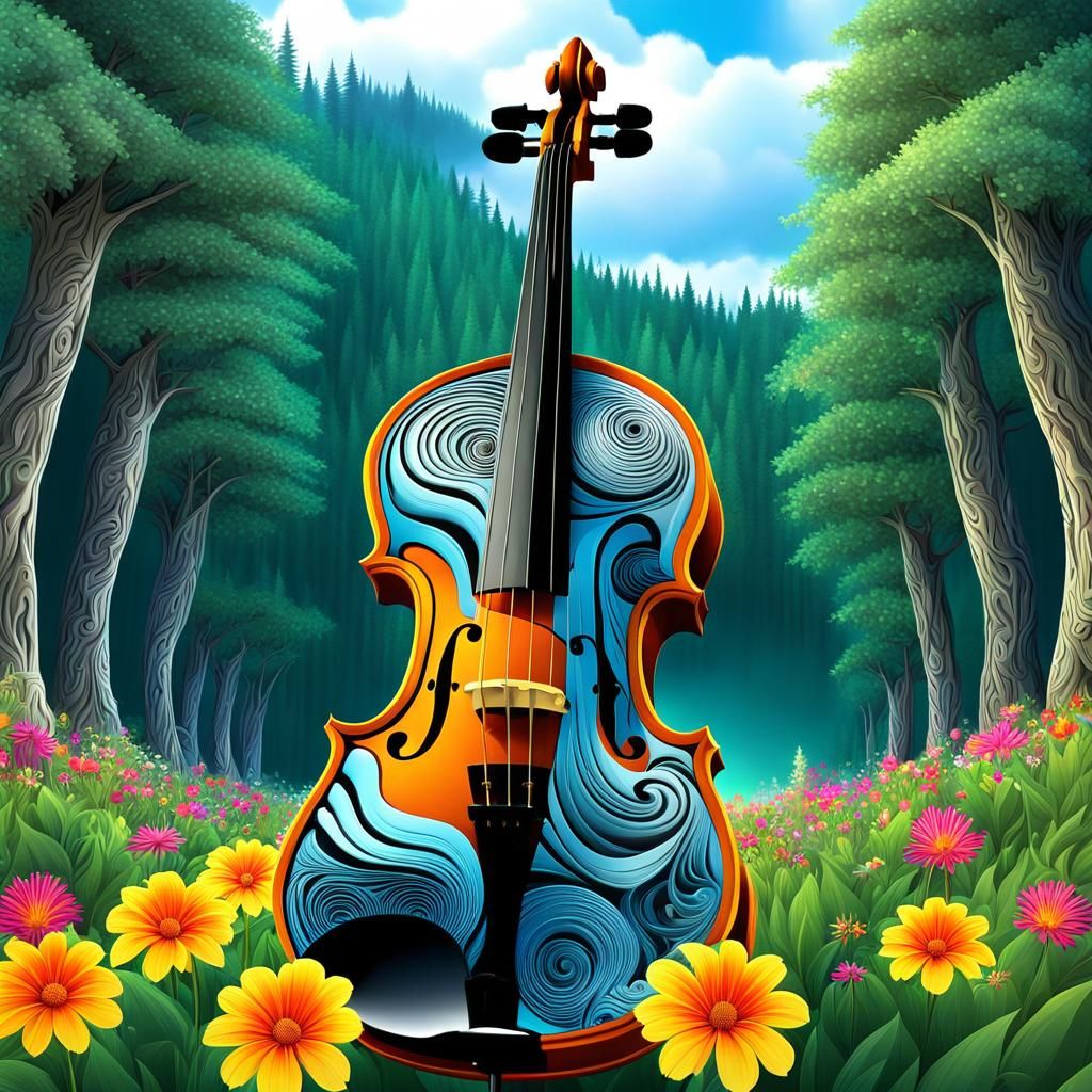 Violin Amongst Forest Flowers with Zentangle Elements