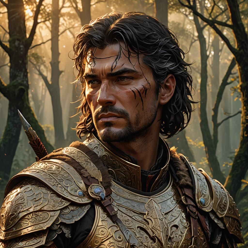Fantasy Warrior in Mystical Forest, Digital Art Portrait