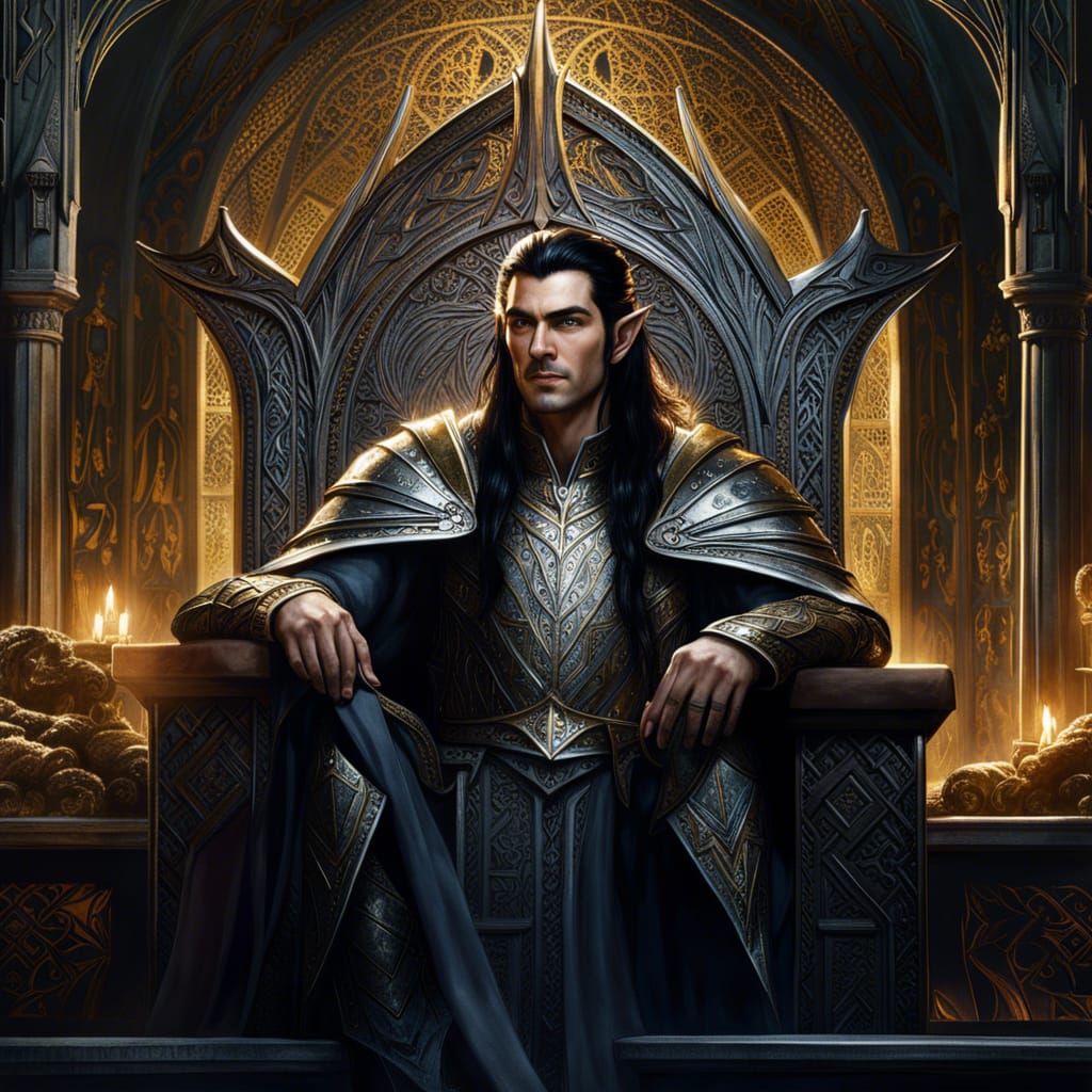 Noldor Elf High-king in Throne Room: Alan Lee Style