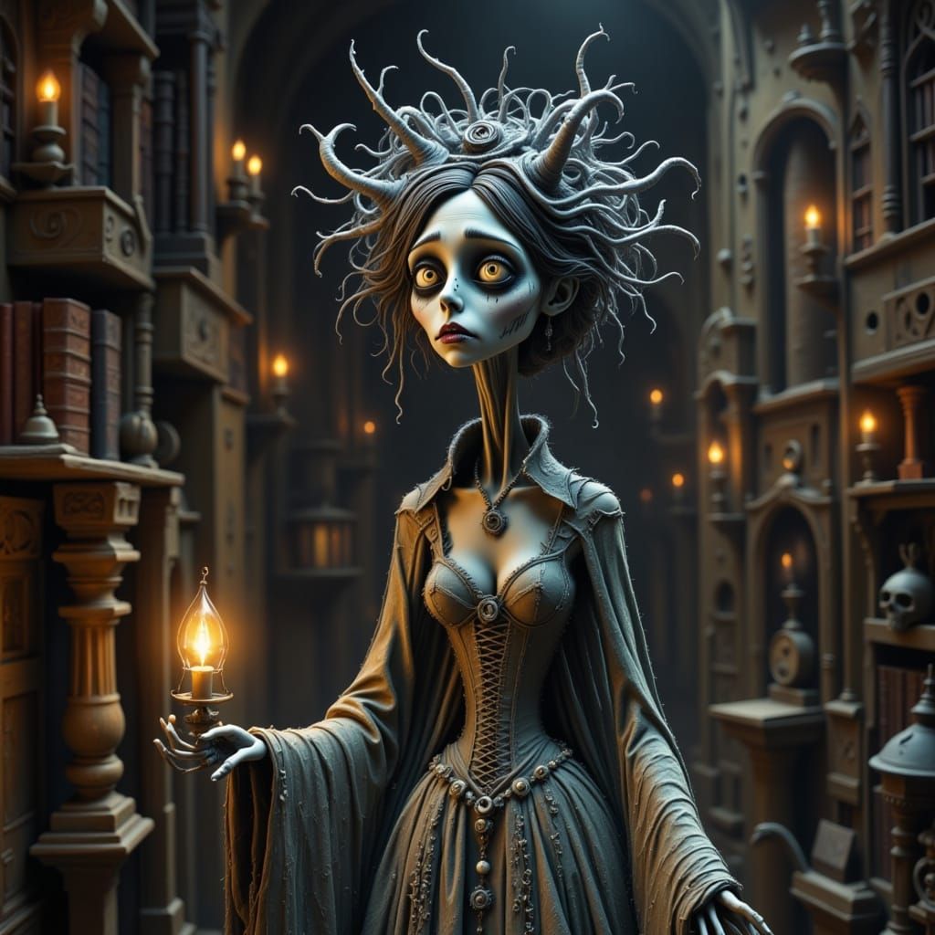 Eerie Female Zombie in Dusty Attic, Claymation Style