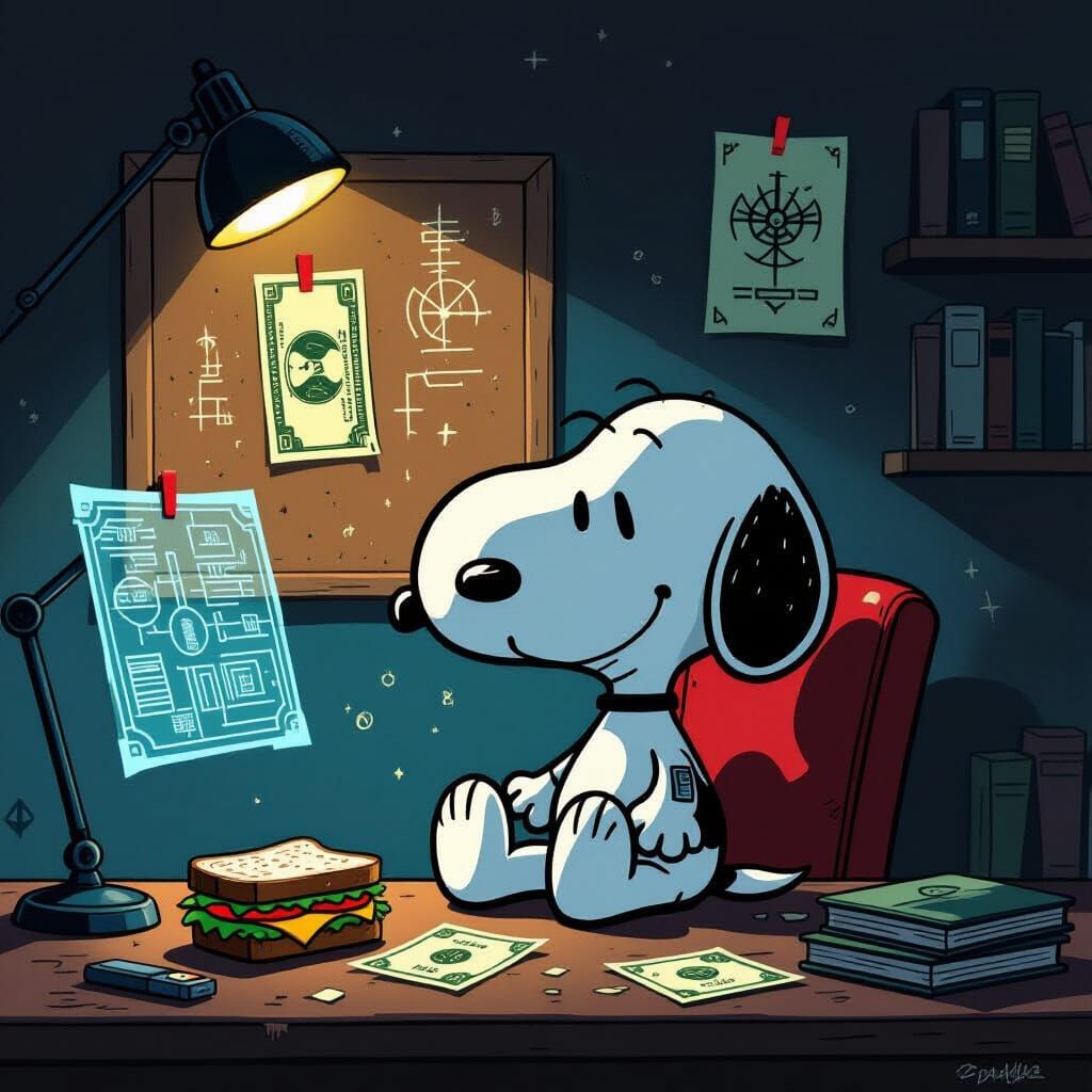 Cybernetic Snoopy Detective in Dark Fairy Tale Style
