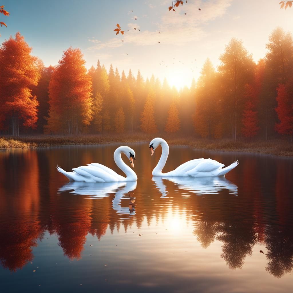 White Swans on Lake with Autumn Forest