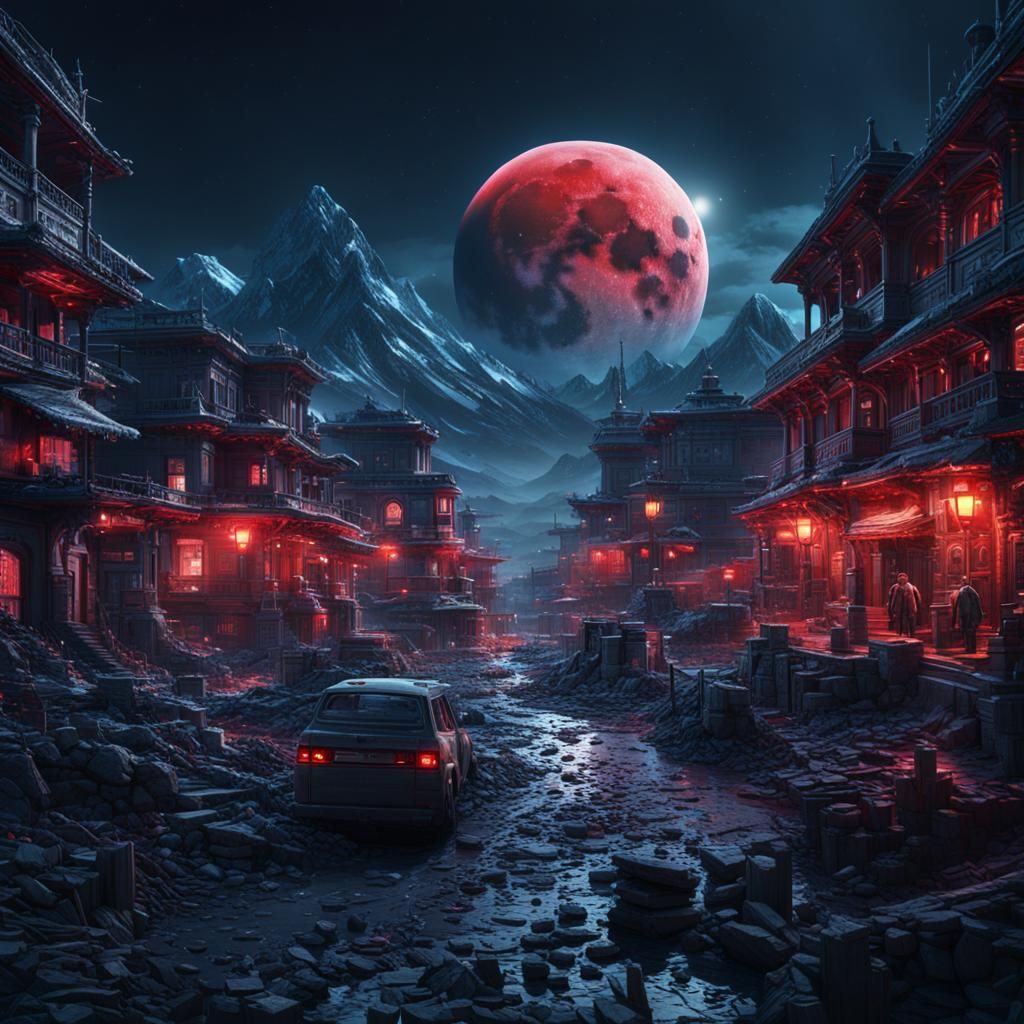 Epic Red Moon Digital Matte Painting