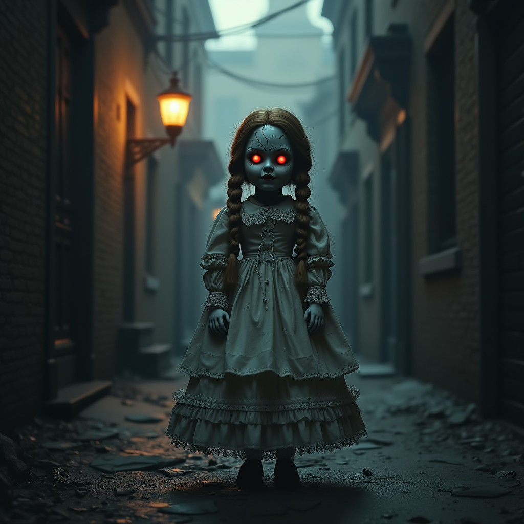 Haunting Victorian Doll in Dark Alleyway