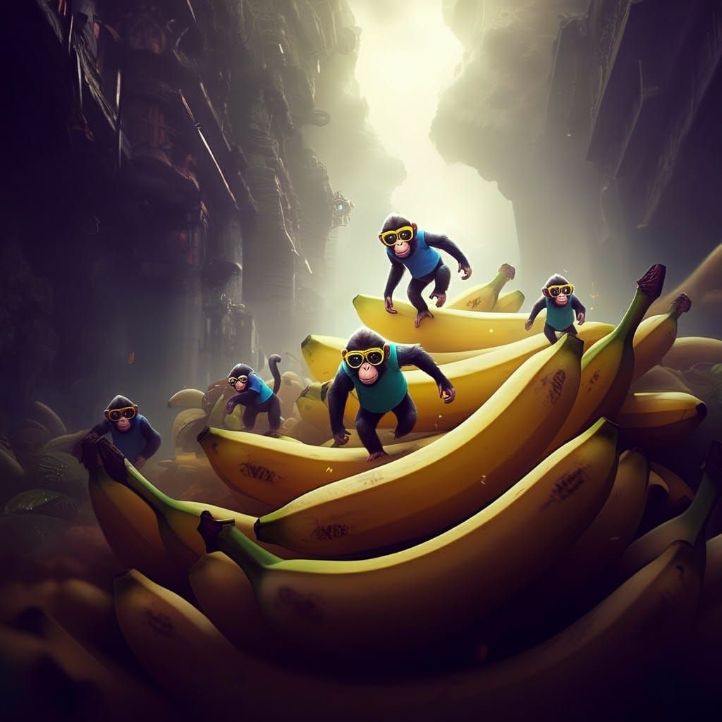 Monkeys in T-shirts Race Down Giant Bananas