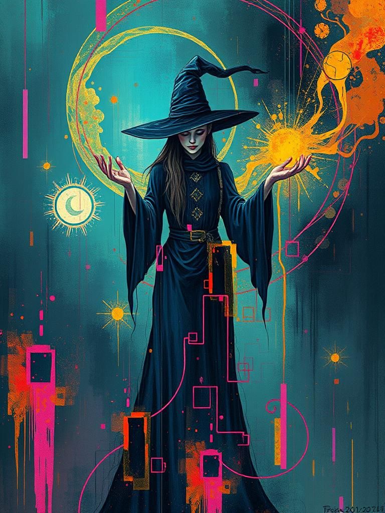 Abstract Witch Casting Spell in Cyber Glitch Art
