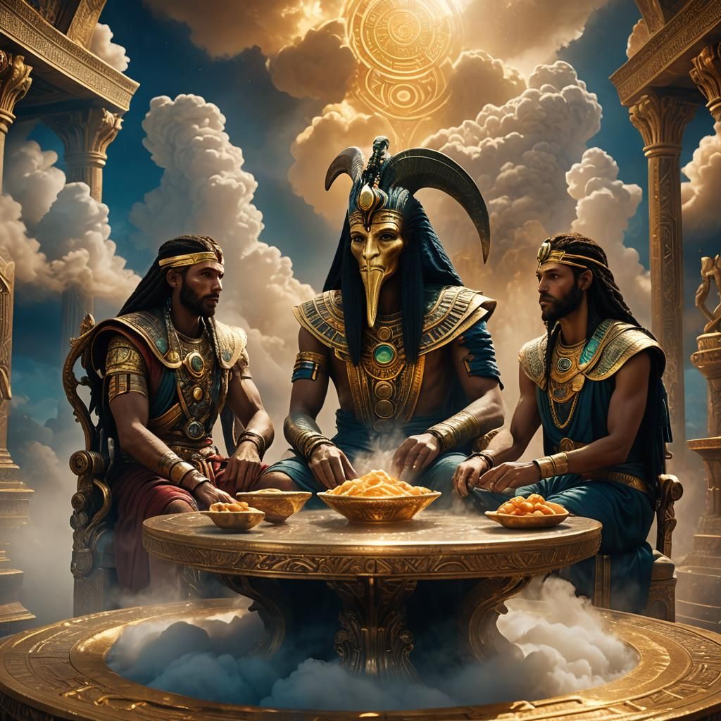 Thoth and Ra Feast in a Cinematic Digital Painting