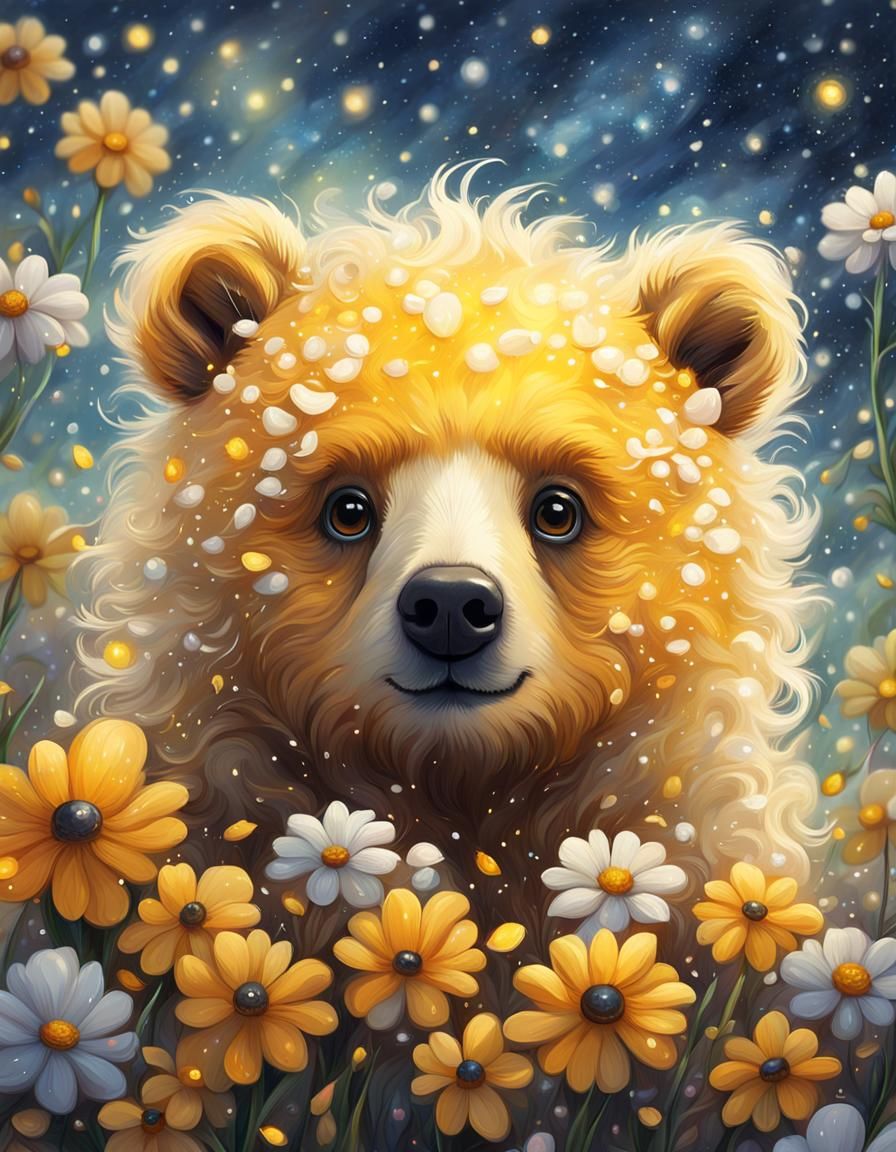 Cute Fluffy Fantasy Baby Bear in Flower Rain