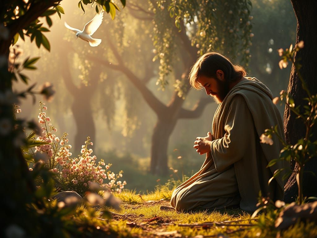 Young Jewish Carpenter in Fervent Prayer amidst Ancient Oliv...