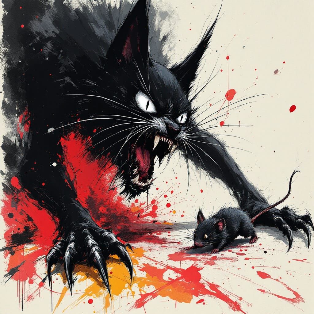 Frenzied Feline Captures Mouse: Abstract Digital Sketch