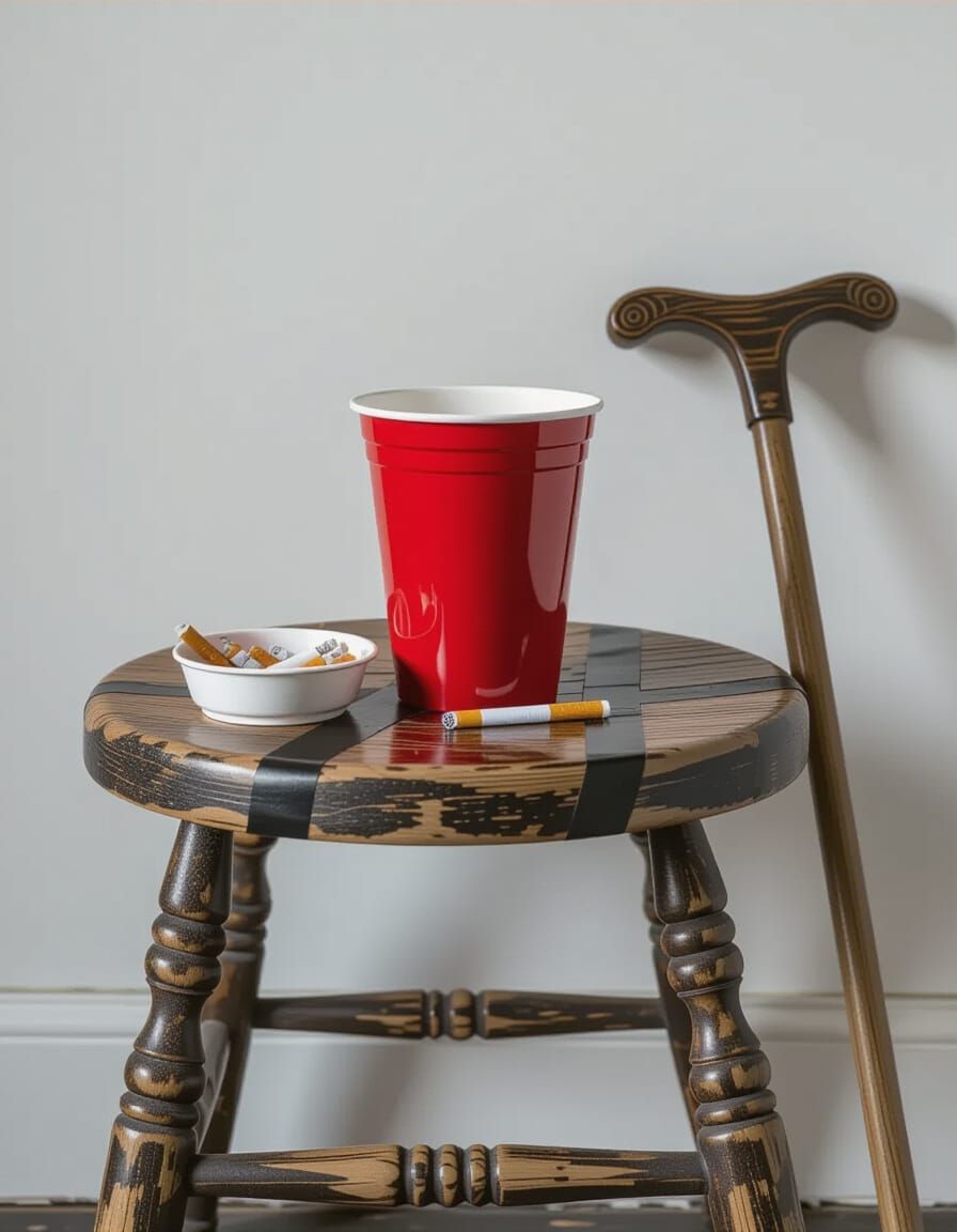 Hyperrealistic Scene: Red Cup, Ashtray, and Cane on Stool