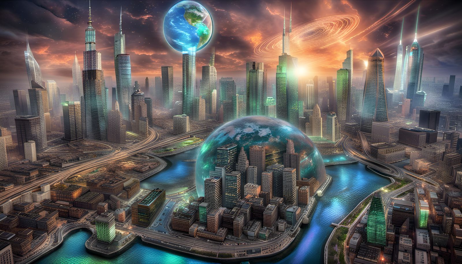 Dystopian Cityscape with Holographic Art