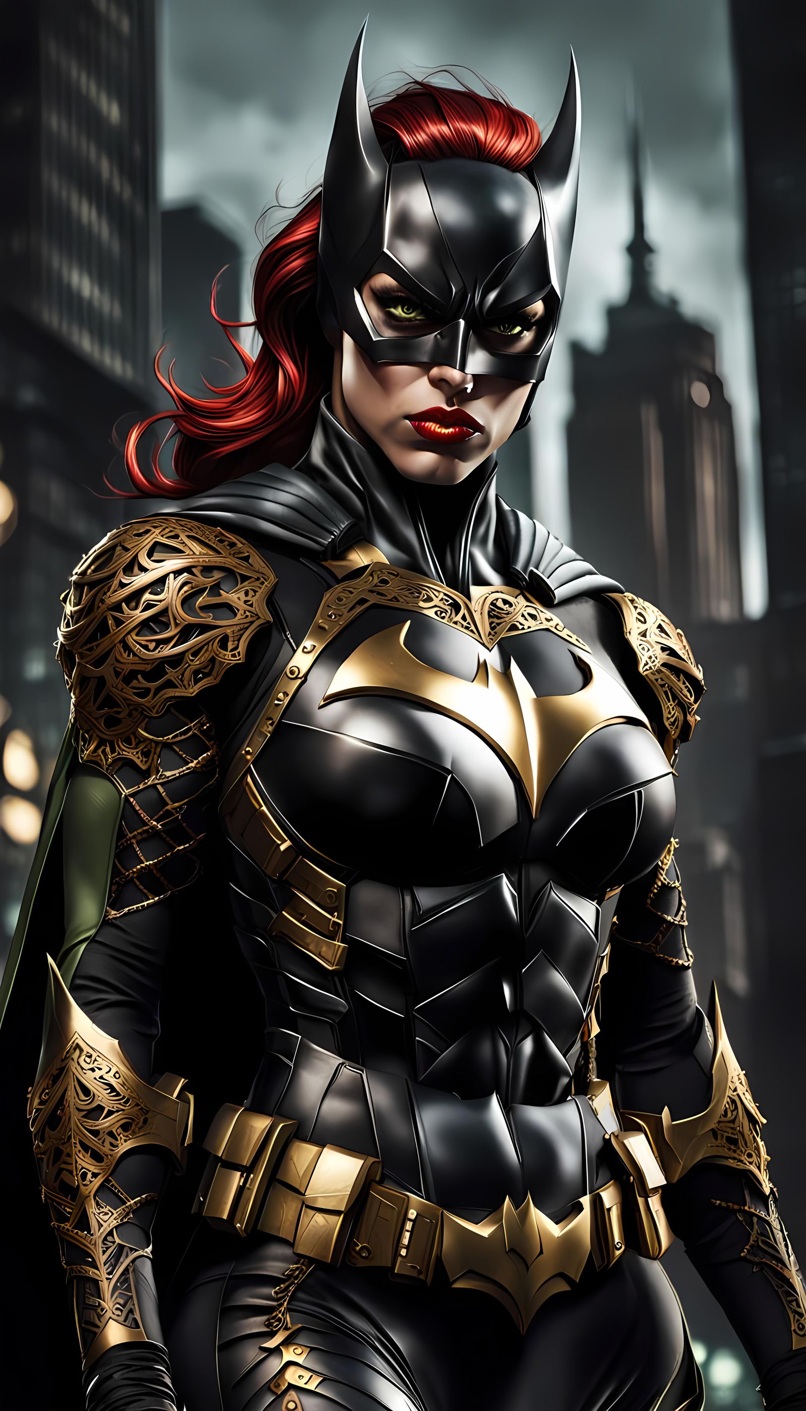 Malevolent Batgirl in Tactical Armor with Gold Filigree