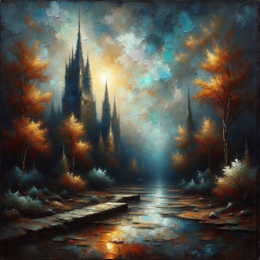 Grungy Ethereal Cityscape in Impasto Acrylic Style