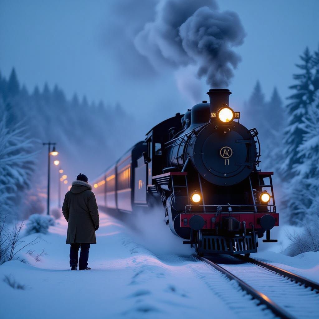 Solitary Figure Watches Vintage Train in Snowy Mist