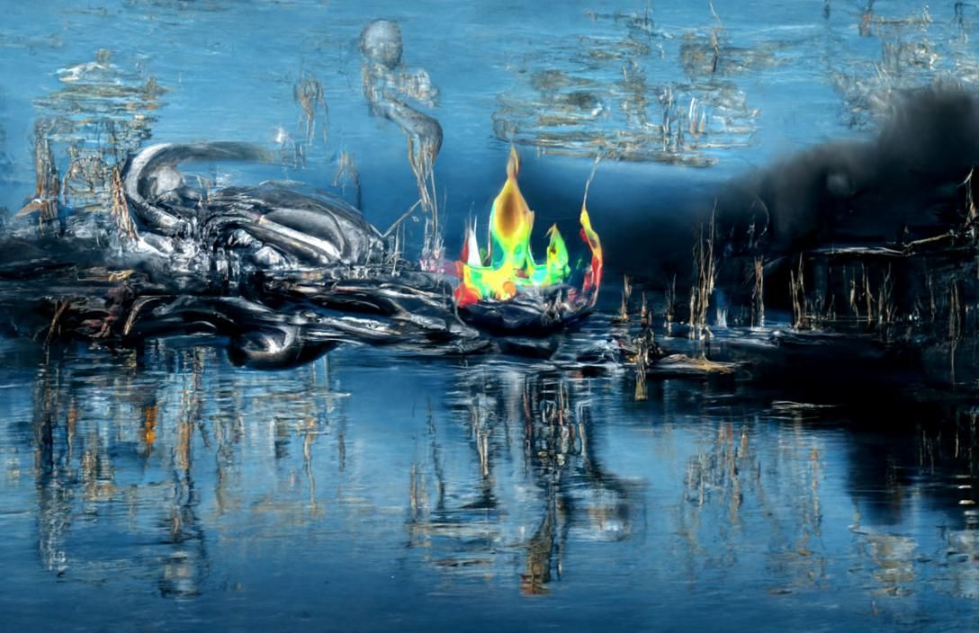 Lonely Fire on Black Water: Cyberpunk Art