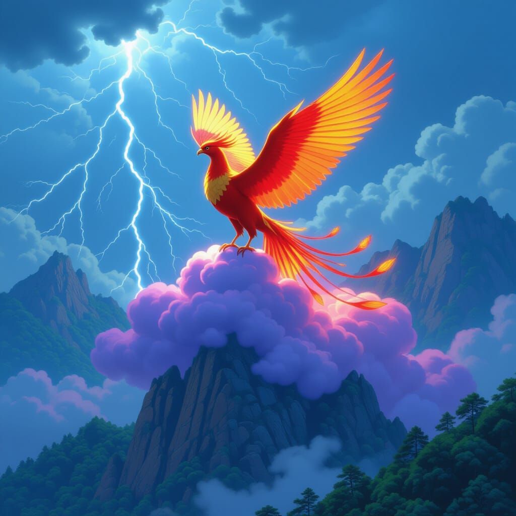 Mystical Fire Bird on Purple Cloud in Anime Style